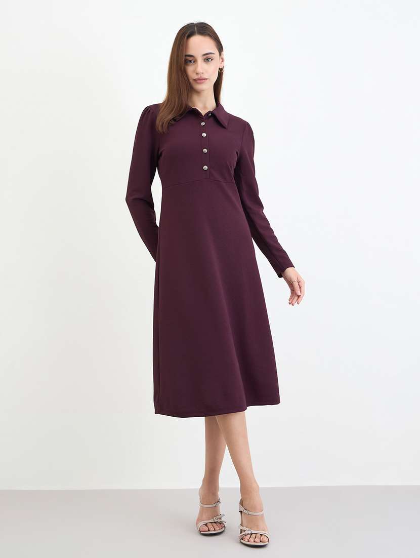 women solid long sleeve a-line dress