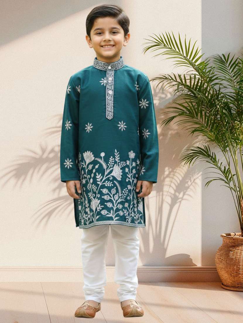 boys embroidered long sleeve kurta and pyjama set