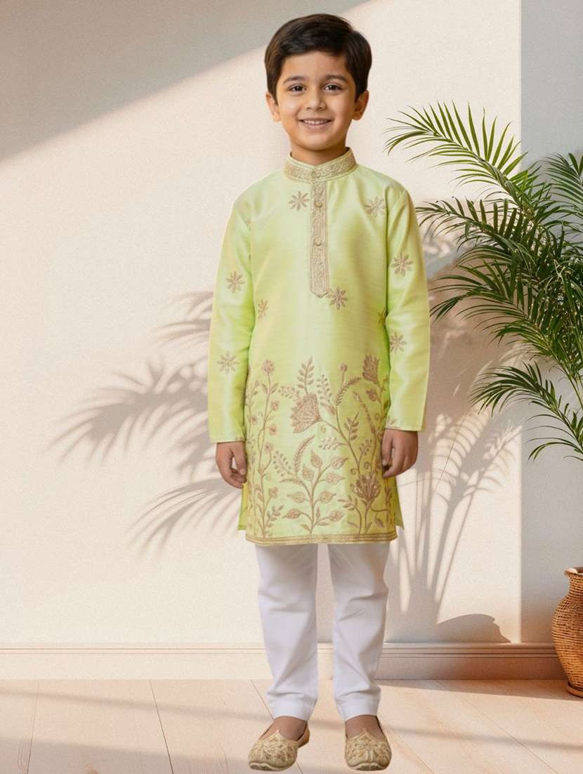 boys embroidered long sleeve kurta and pyjama set