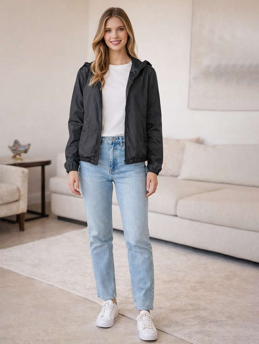 women solid long sleeve hooded windcheater jacket - 22288013 -  Standard Image - 4