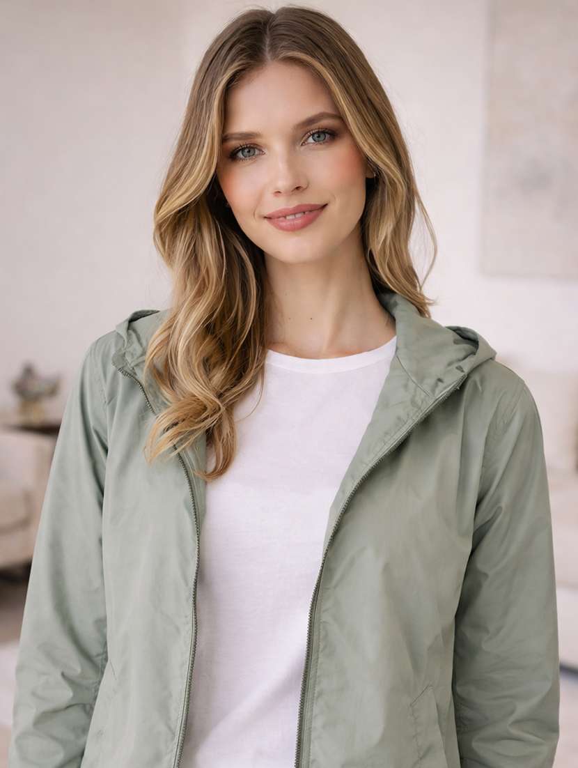 women solid long sleeve hooded windcheater jacket - 22288015 -  Standard Image - 1