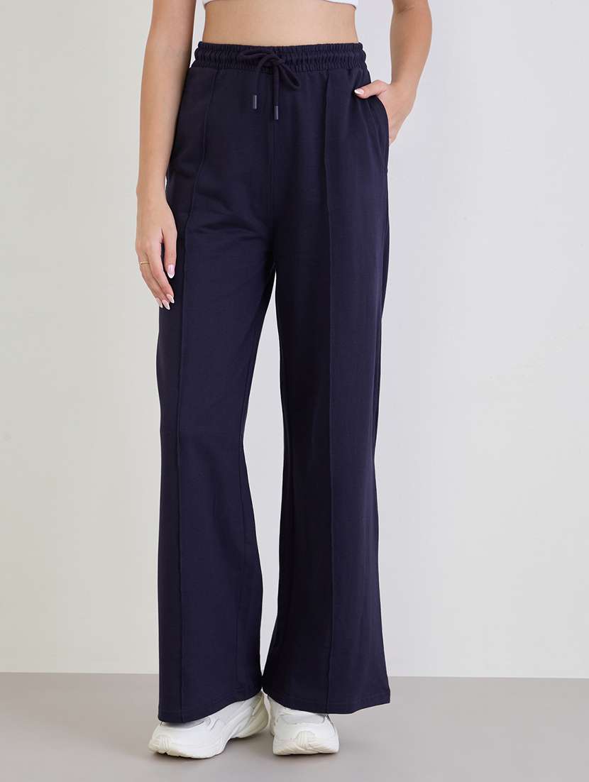 women solid high rise wide leg trouser