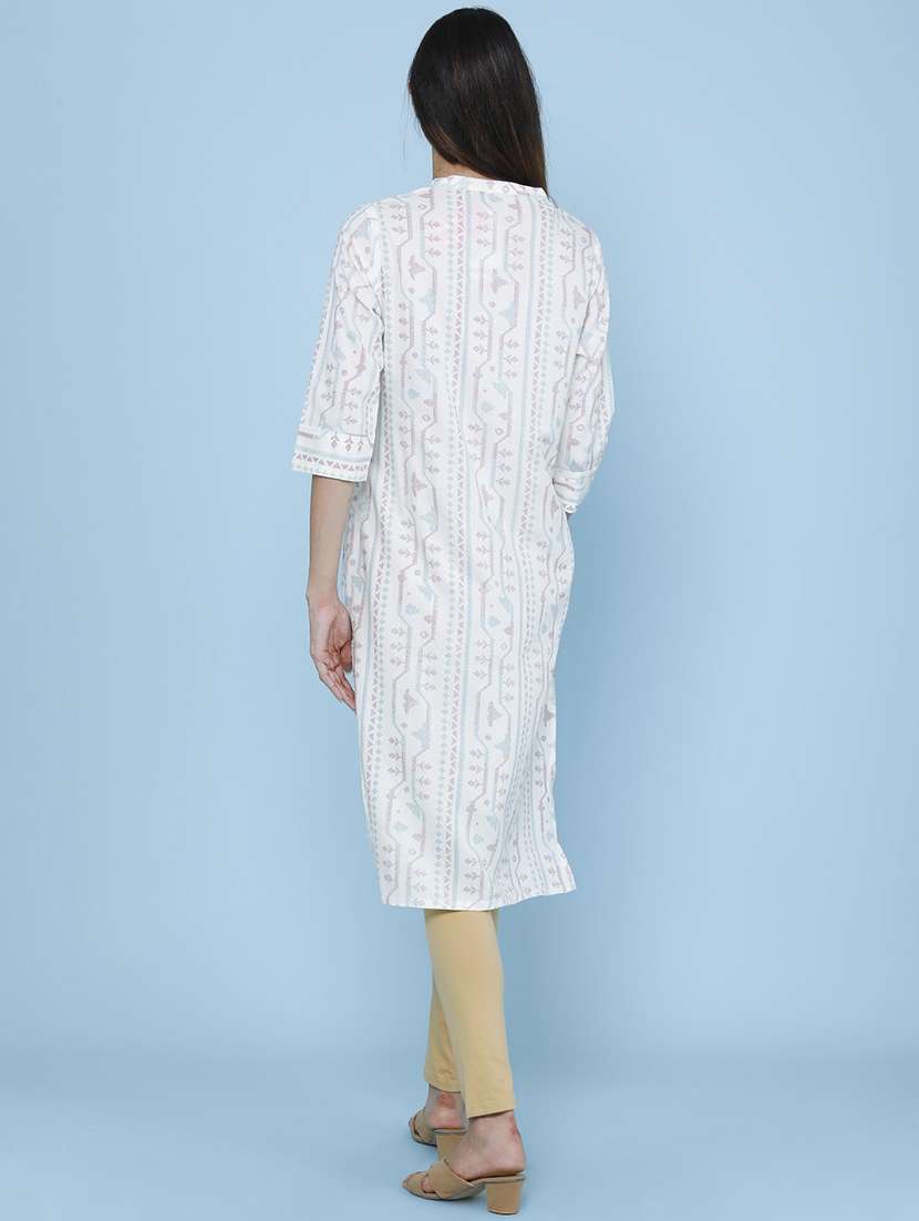 Women Printed Three Quarter Sleeve Straight Kurta - 22288467 -  Standard Image - 4