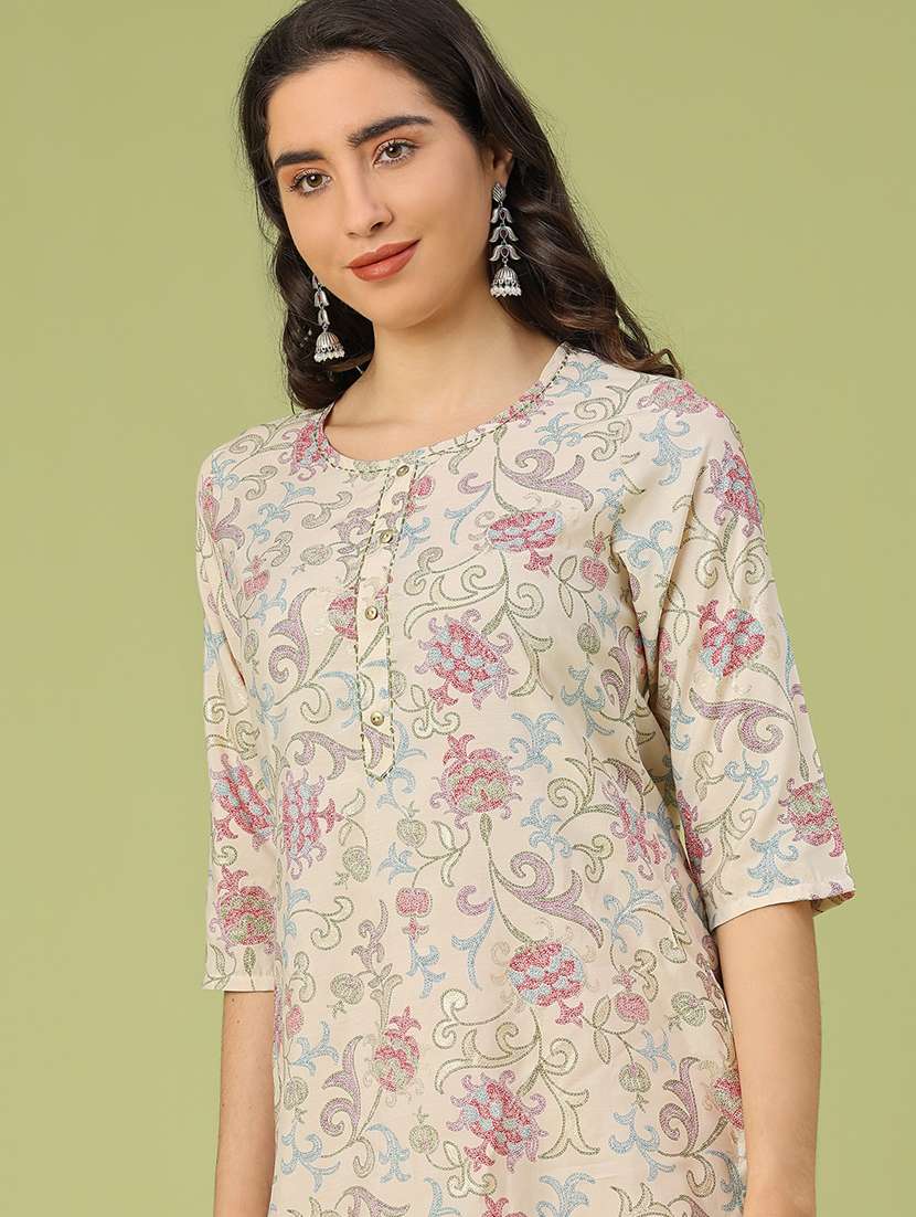 women floral three quarter sleeve straight kurta - 22288476 -  Standard Image - 1