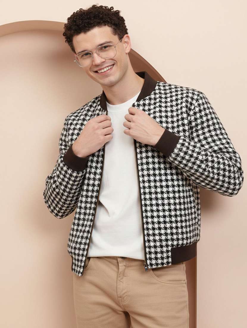 men houndstooth print long sleeve bomber jacket - 22288611 -  Standard Image - 1