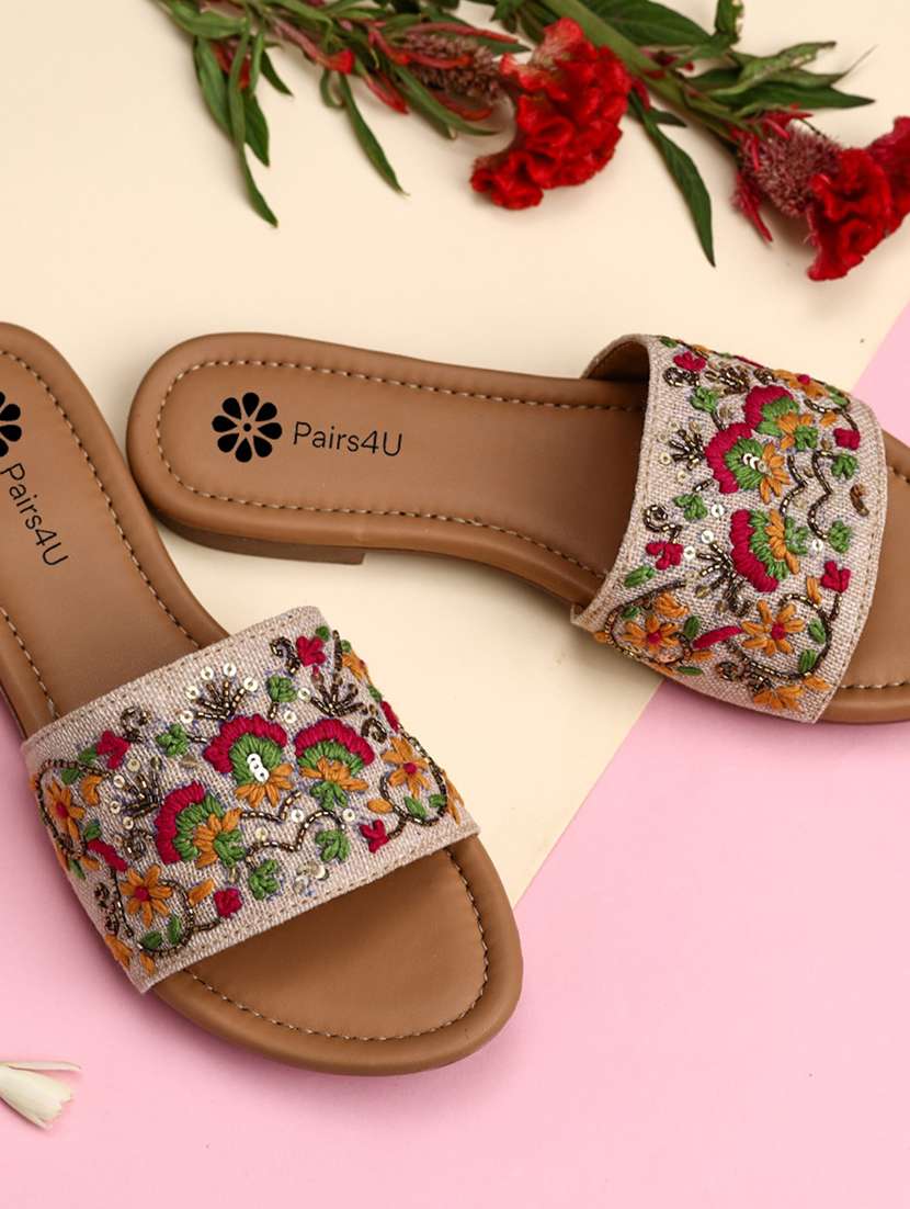 women embroidered slip on flat sandal