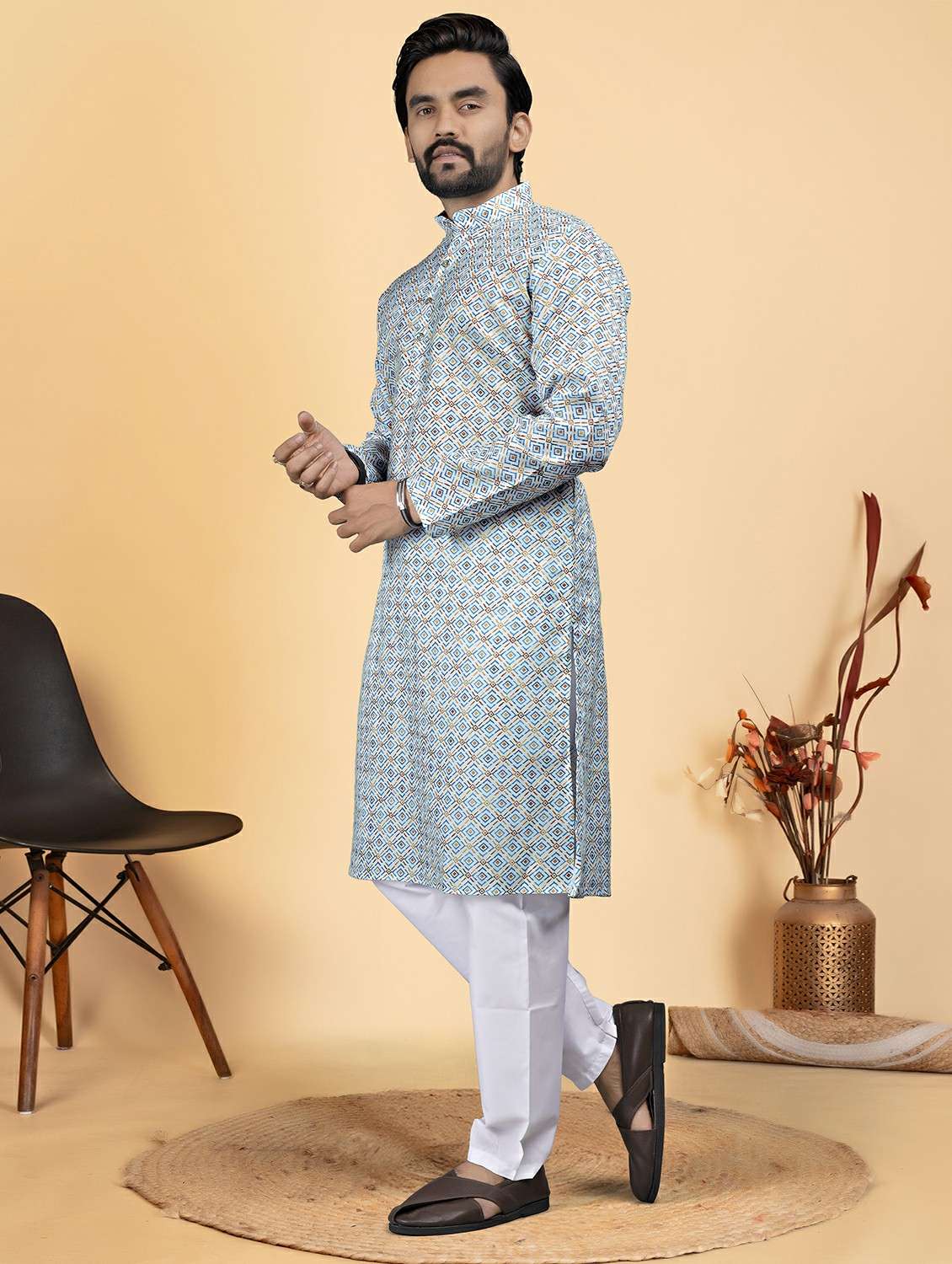 men printed mandarin neck kurta pyjama ethnic wear set - 22288687 -  Standard Image - 1