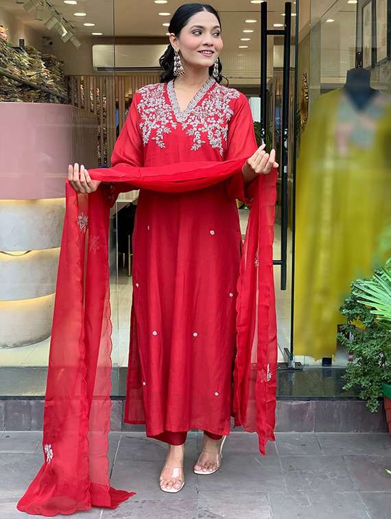 women solid with work three quarter sleeve kurta pant with dupatta set - 22288743 -  Standard Image - 1