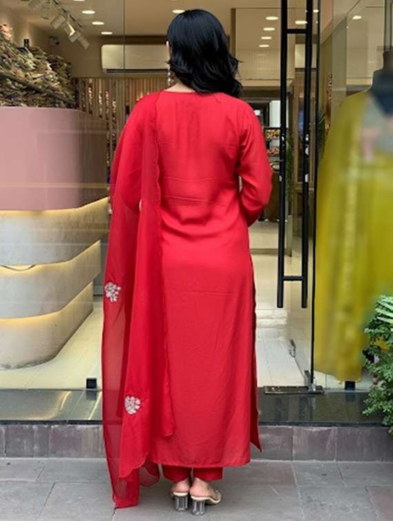 women solid with work three quarter sleeve kurta pant with dupatta set - 22288743 -  Standard Image - 4