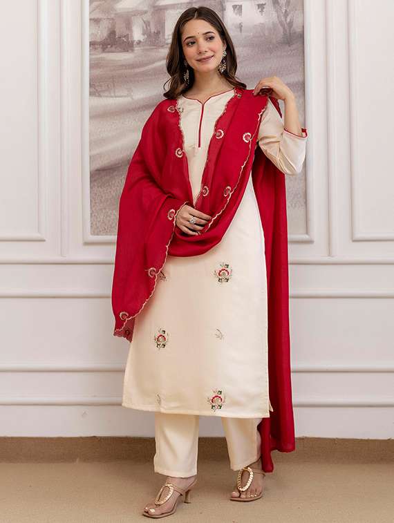 women solid with work three quarter sleeve kurta pant with dupatta set - 22288744 -  Standard Image - 1