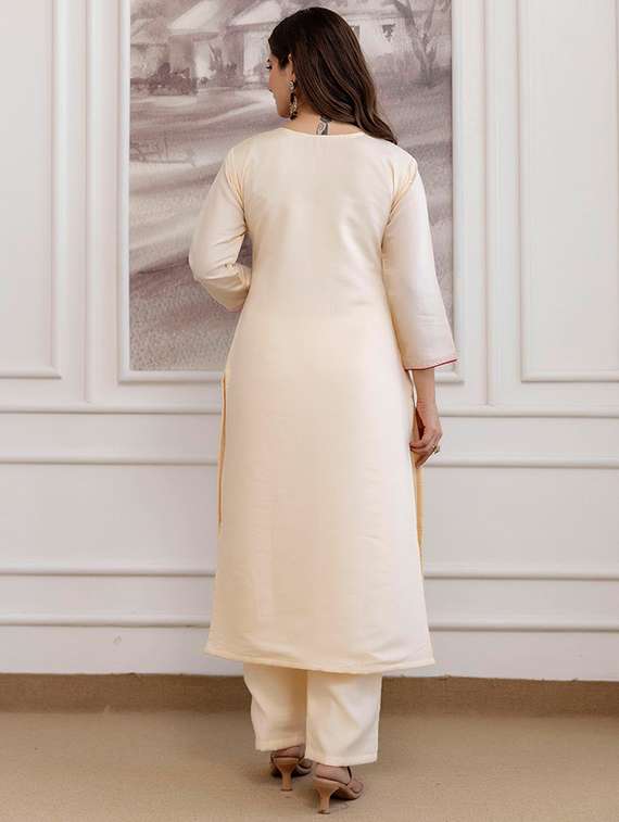 women solid with work three quarter sleeve kurta pant with dupatta set - 22288744 -  Standard Image - 4