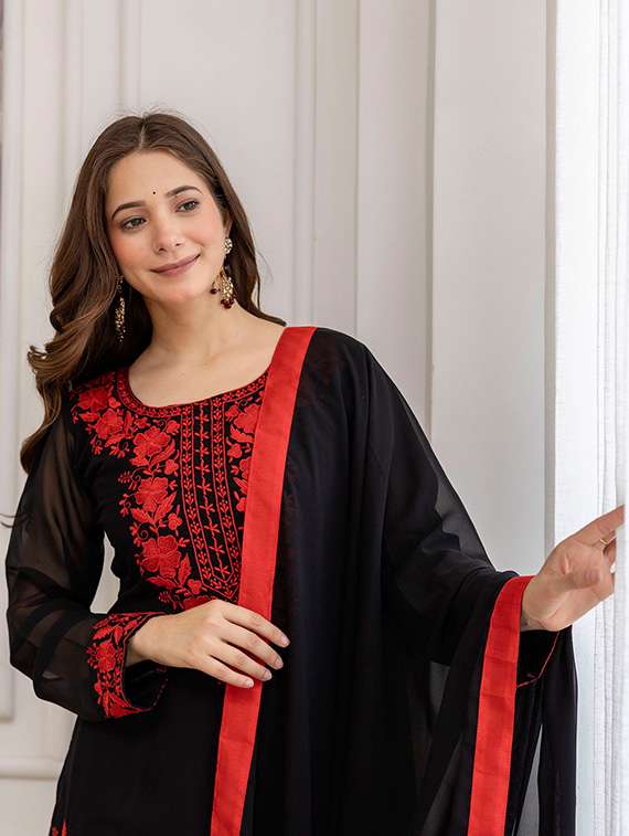 women solid with work long sleeve kurta pant with dupatta set - 22288747 -  Standard Image - 4