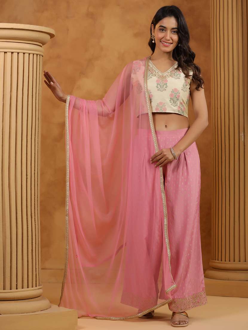 women floral sleeveless top pant with dupatta set