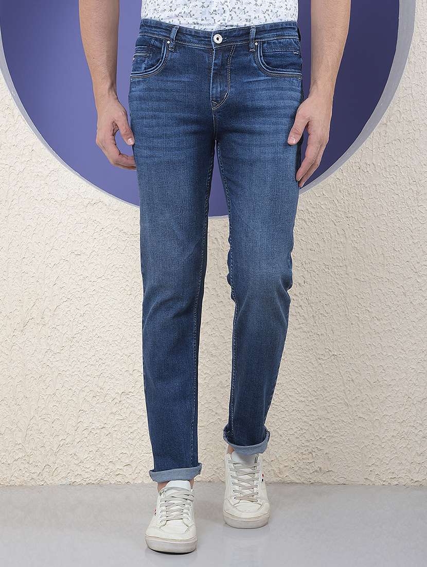 men washed mid rise full length slim fit jeans