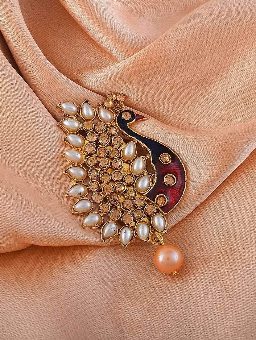brass gold plated pearl cz shaped sareepin brooch
