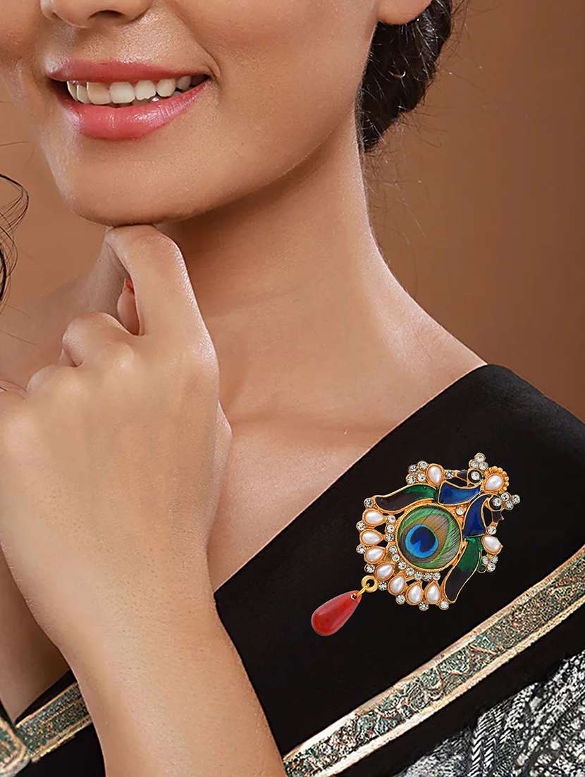 brass gold pearl cz peacock shaped sareepin brooch lapel pin - 22289186 -  Standard Image - 1