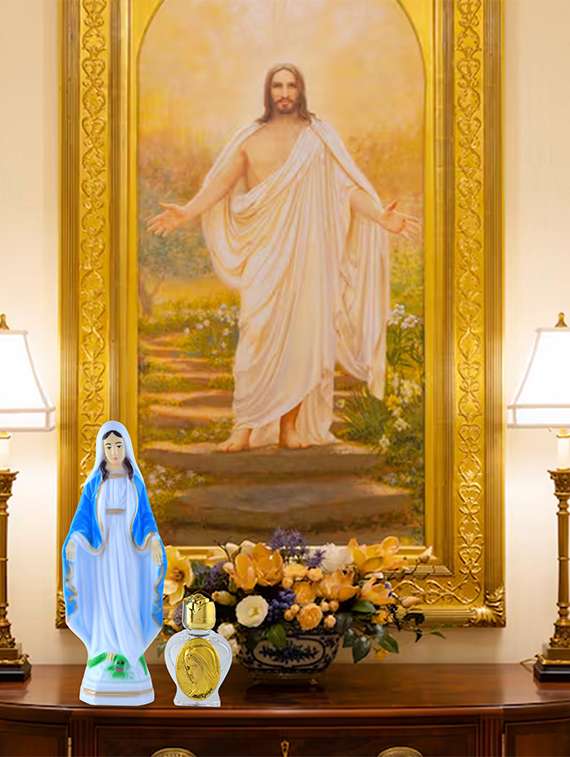 polyresin mother mary with crystal holy water bottle - 22289187 -  Standard Image - 1