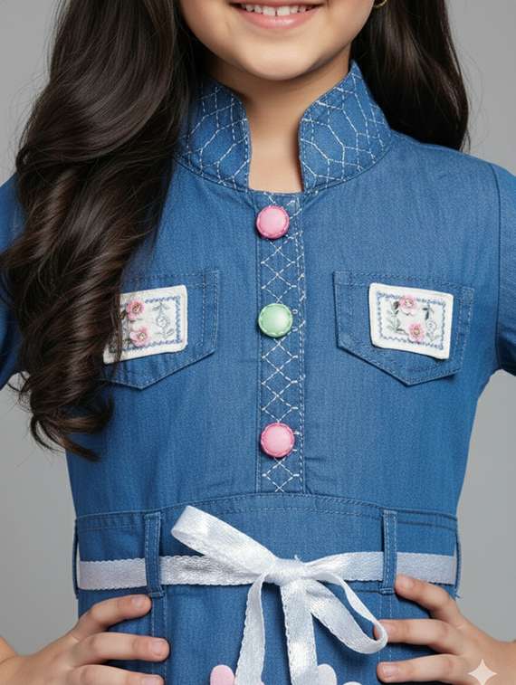 girls solid denim top & trouser co-ord set - 22289308 -  Standard Image - 4