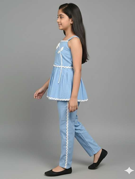 girls solid denim top & trouser co-ord set - 22289309 -  Standard Image - 1
