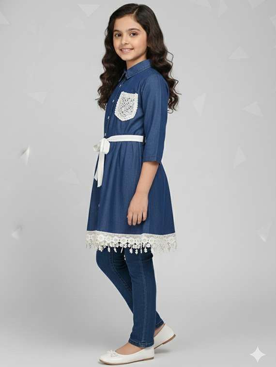 girls solid denim top & trouser co-ord set - 22289311 -  Standard Image - 1