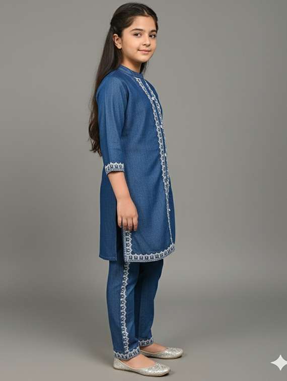Girls Solid Three Quarter Sleeve Ethnic Co-ord Set - 22289312 -  Standard Image - 1