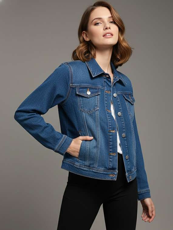 women solid collared long sleeve denim jacket - 22289316 -  Standard Image - 1