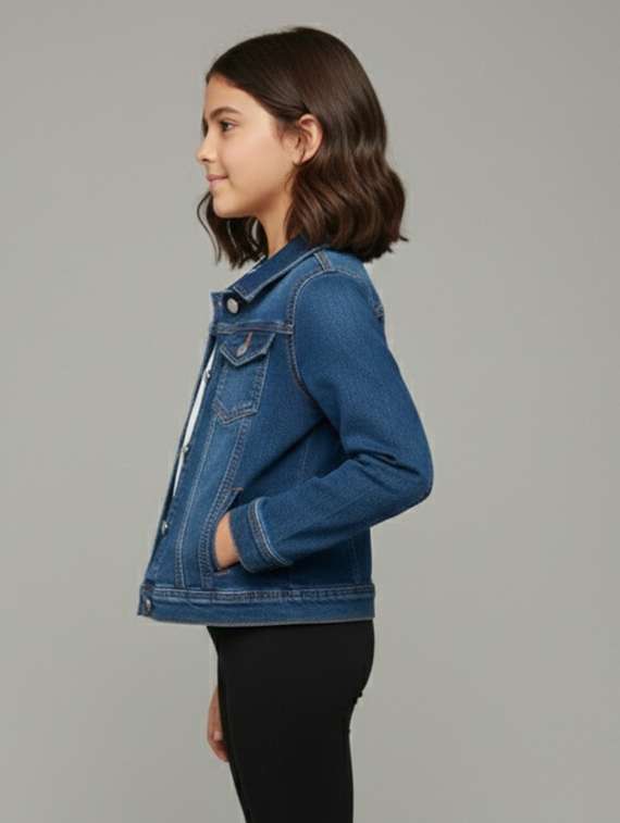 girls solid collared long sleeve denim jacket - 22289319 -  Standard Image - 1