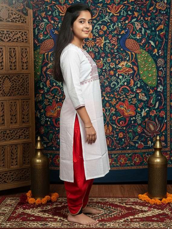 girls three quarter sleeve straight kurta - 22289322 -  Standard Image - 1