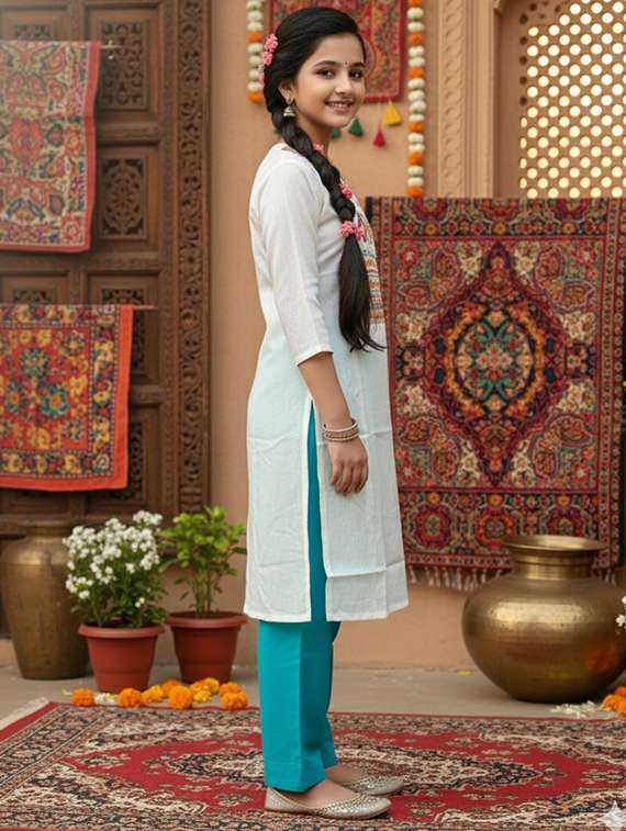 Girls Three Quarter Sleeve Straight Kurta - 22289323 -  Standard Image - 1