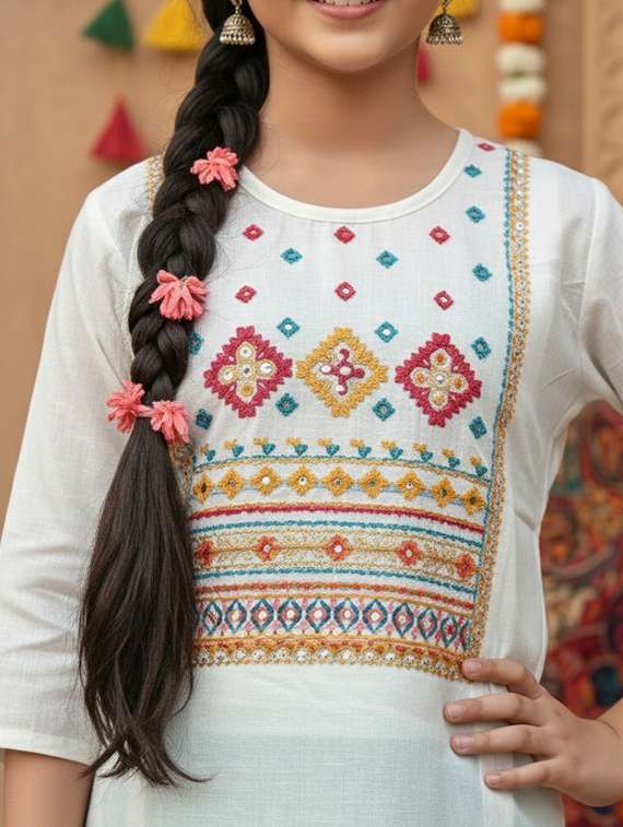 Girls Three Quarter Sleeve Straight Kurta - 22289323 -  Standard Image - 4