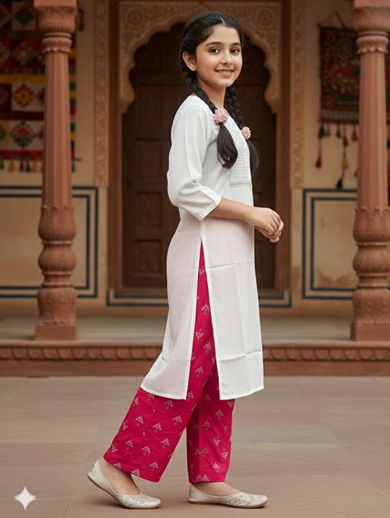 girls three quarter sleeve straight kurta - 22289339 -  Standard Image - 1