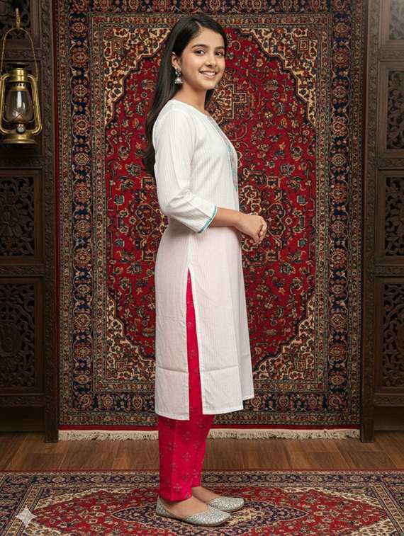 girls three quarter sleeve straight kurta - 22289340 -  Standard Image - 1
