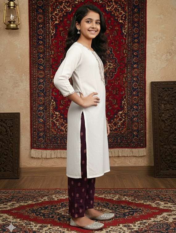 girls three quarter sleeve straight kurta - 22289342 -  Standard Image - 1