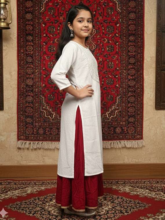 girls three quarter sleeve straight kurta - 22289345 -  Standard Image - 1