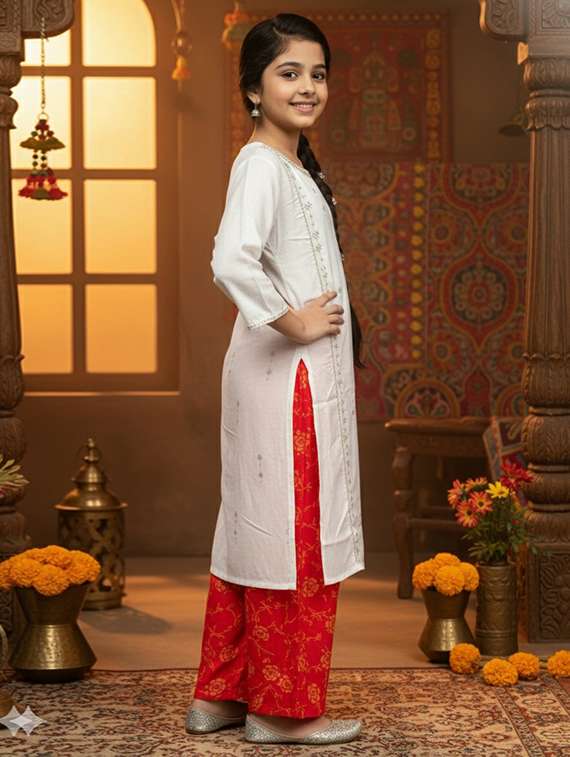 girls three quarter sleeve straight kurta - 22289347 -  Standard Image - 1