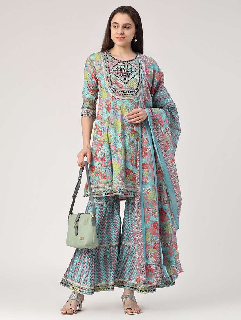 women blue kurta sharara set