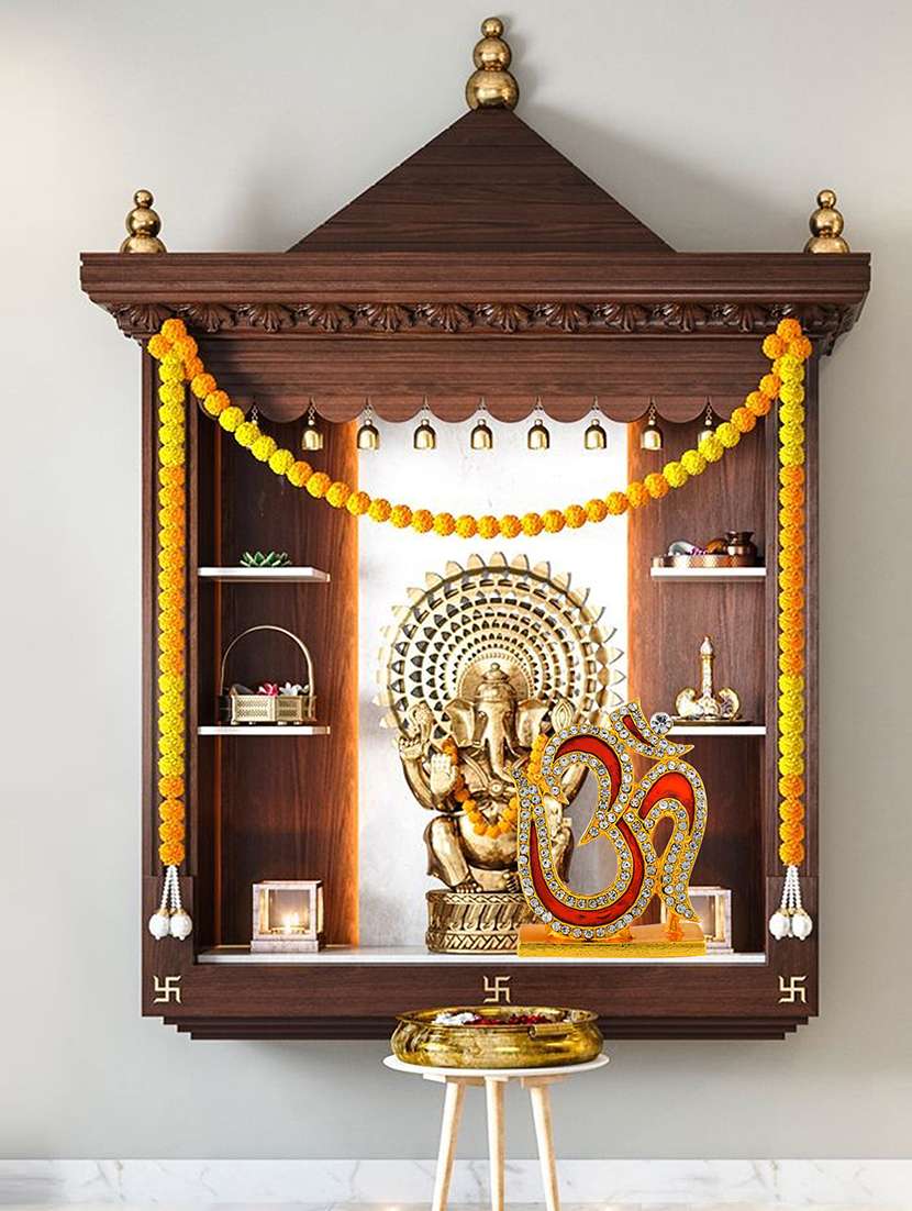 brass goldplated  cz red meenakari om stand idol fugurine showpiece - 22290386 -  Standard Image - 1