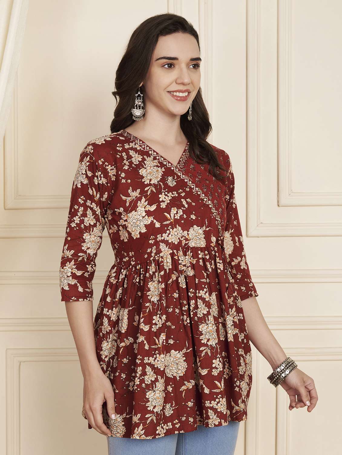 women printed three quarter sleeve flared kurti - 22290394 -  Standard Image - 1