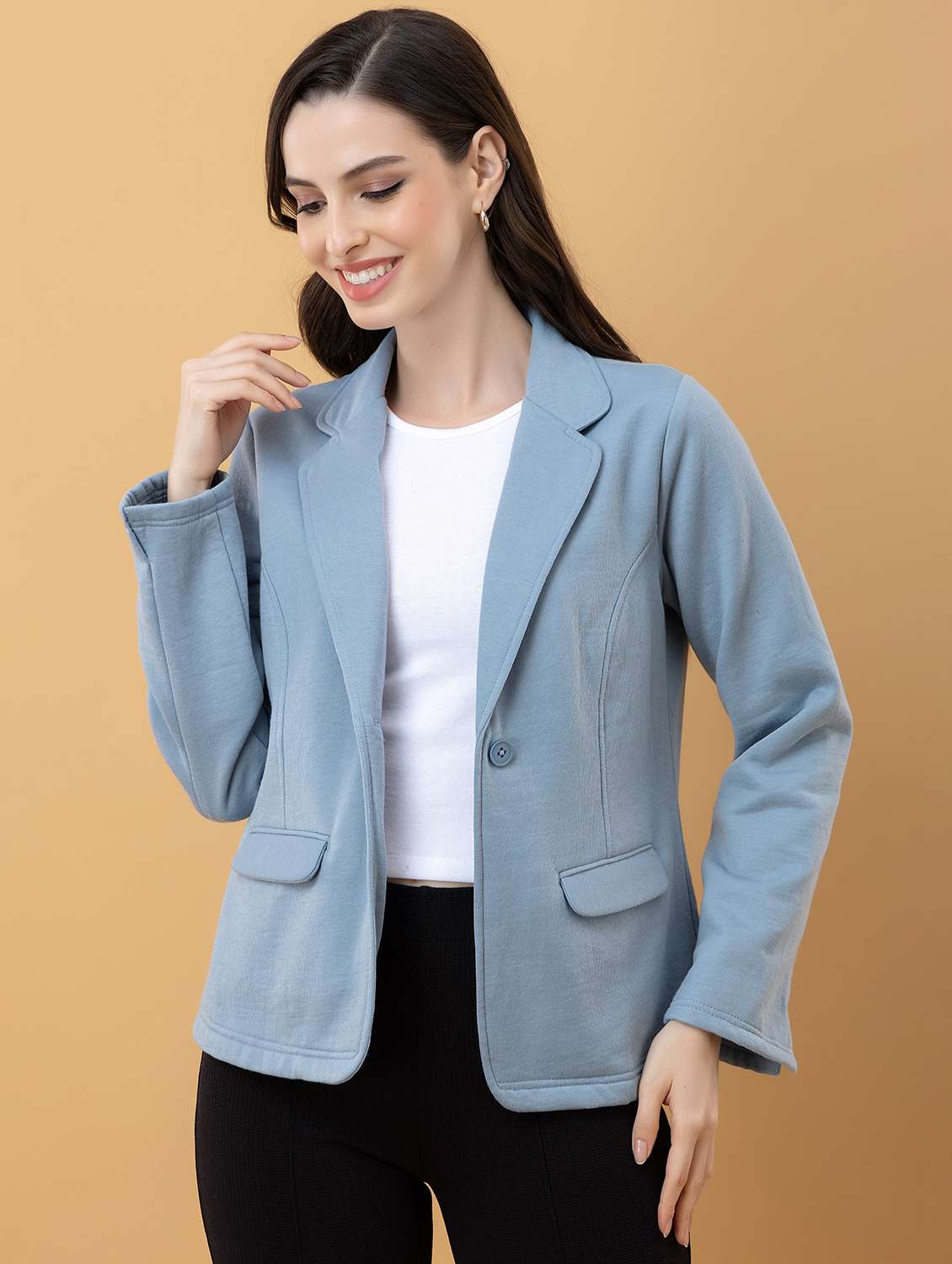 women solid long sleeve single breasted blazer - 22290402 -  Standard Image - 1
