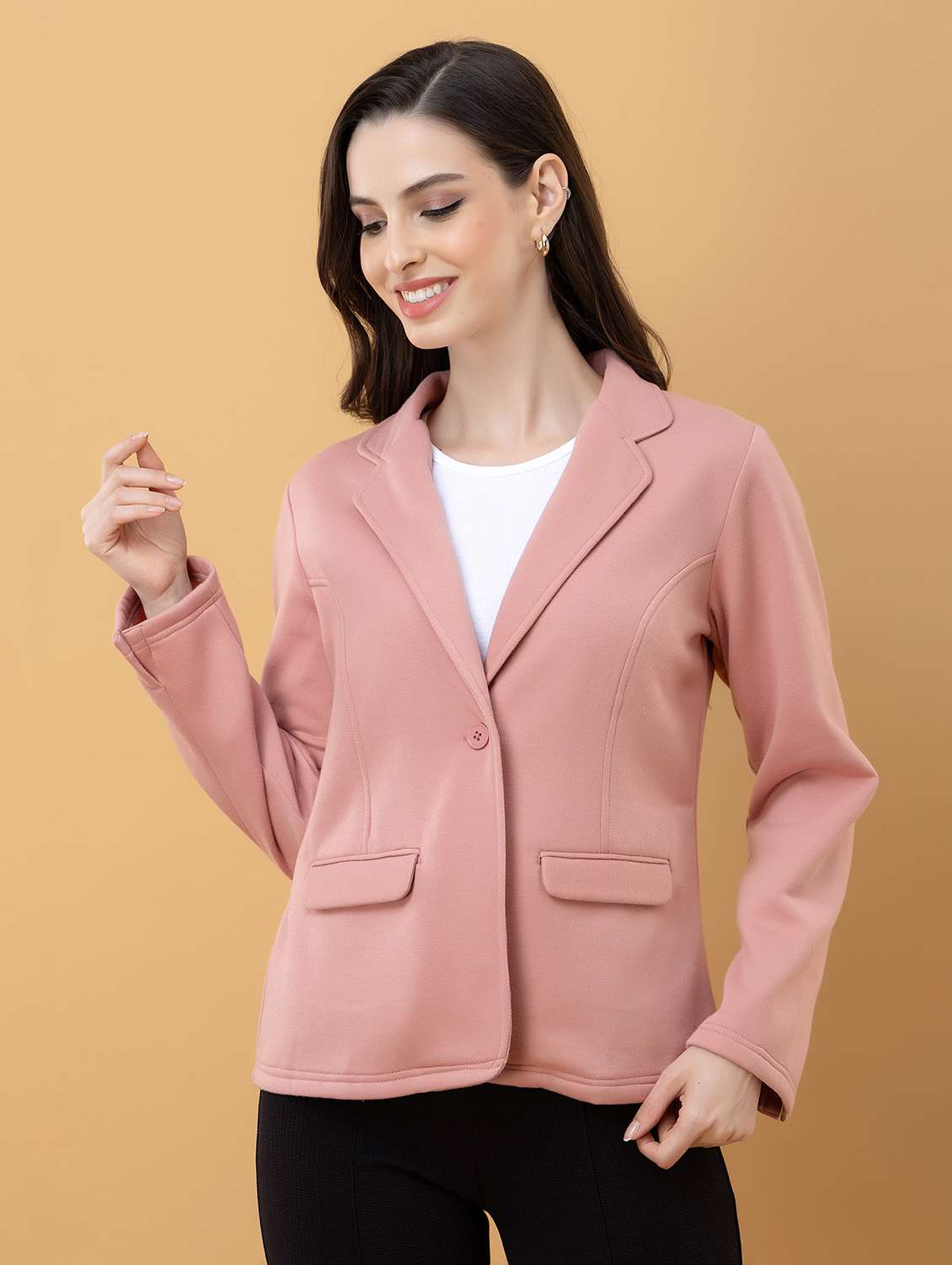 women solid long sleeve single breasted blazer - 22290405 -  Standard Image - 1