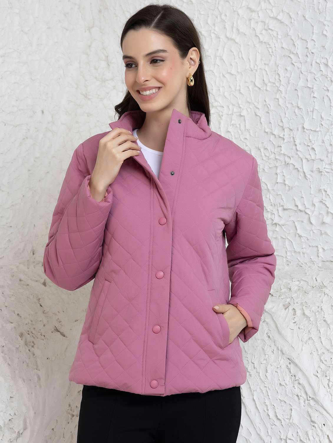 women solid stand collar long sleeve quilted jacket - 22290410 -  Standard Image - 1