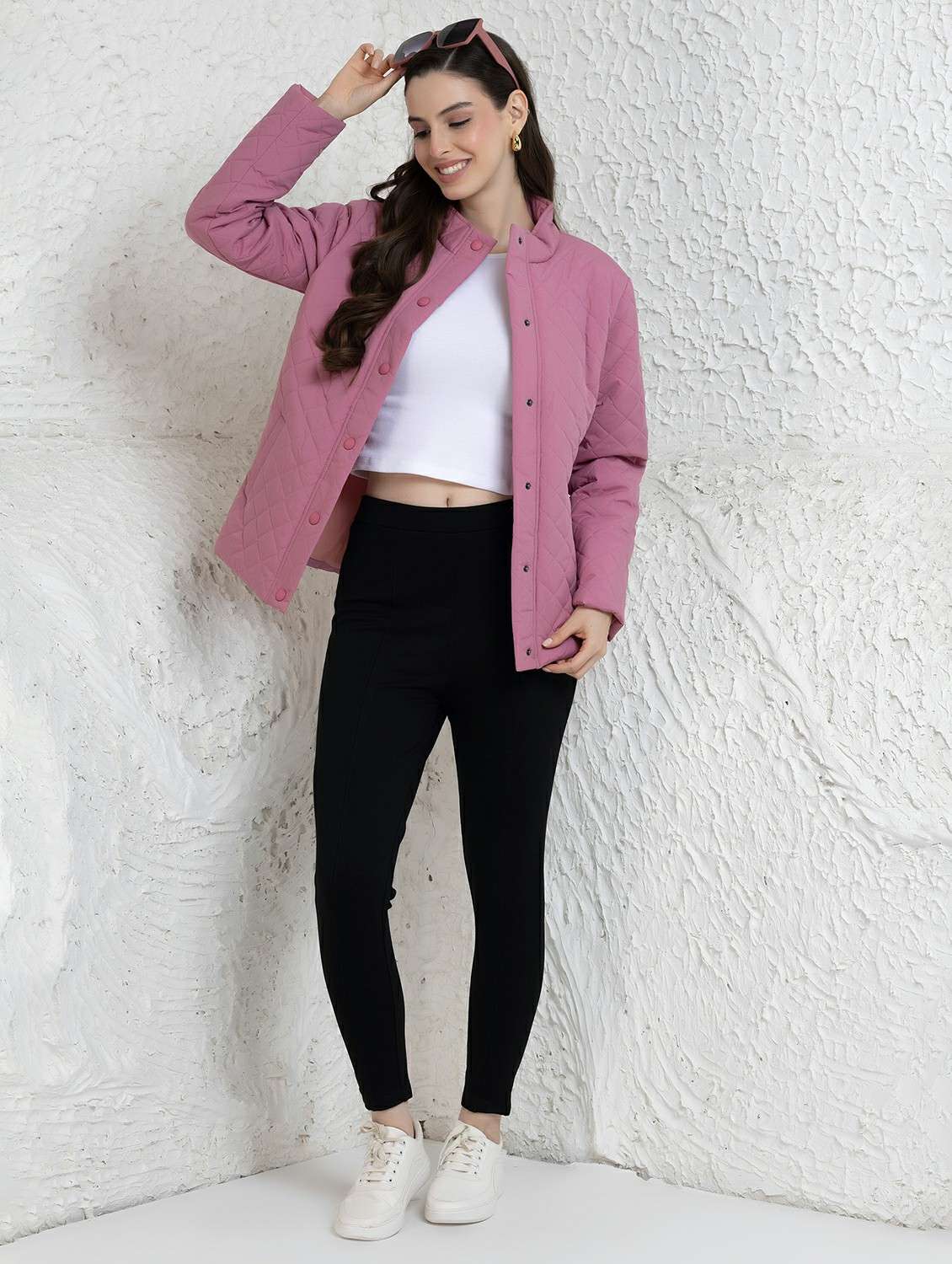 women solid stand collar long sleeve quilted jacket - 22290410 -  Standard Image - 4