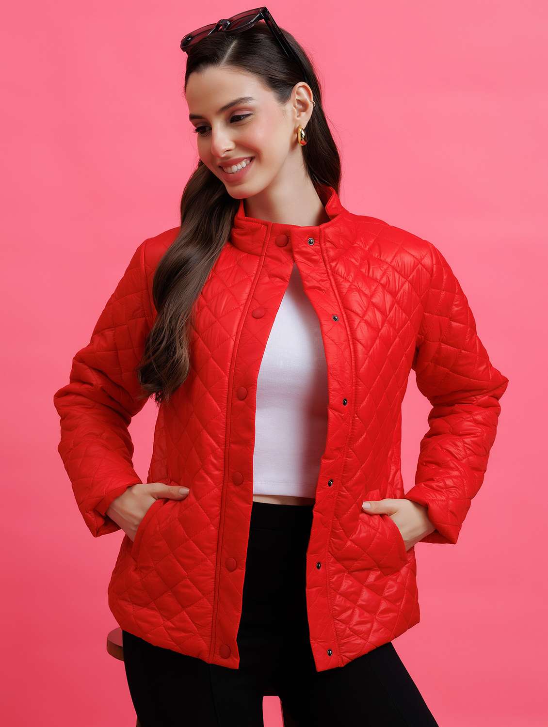 women solid long sleeve quilted jacket