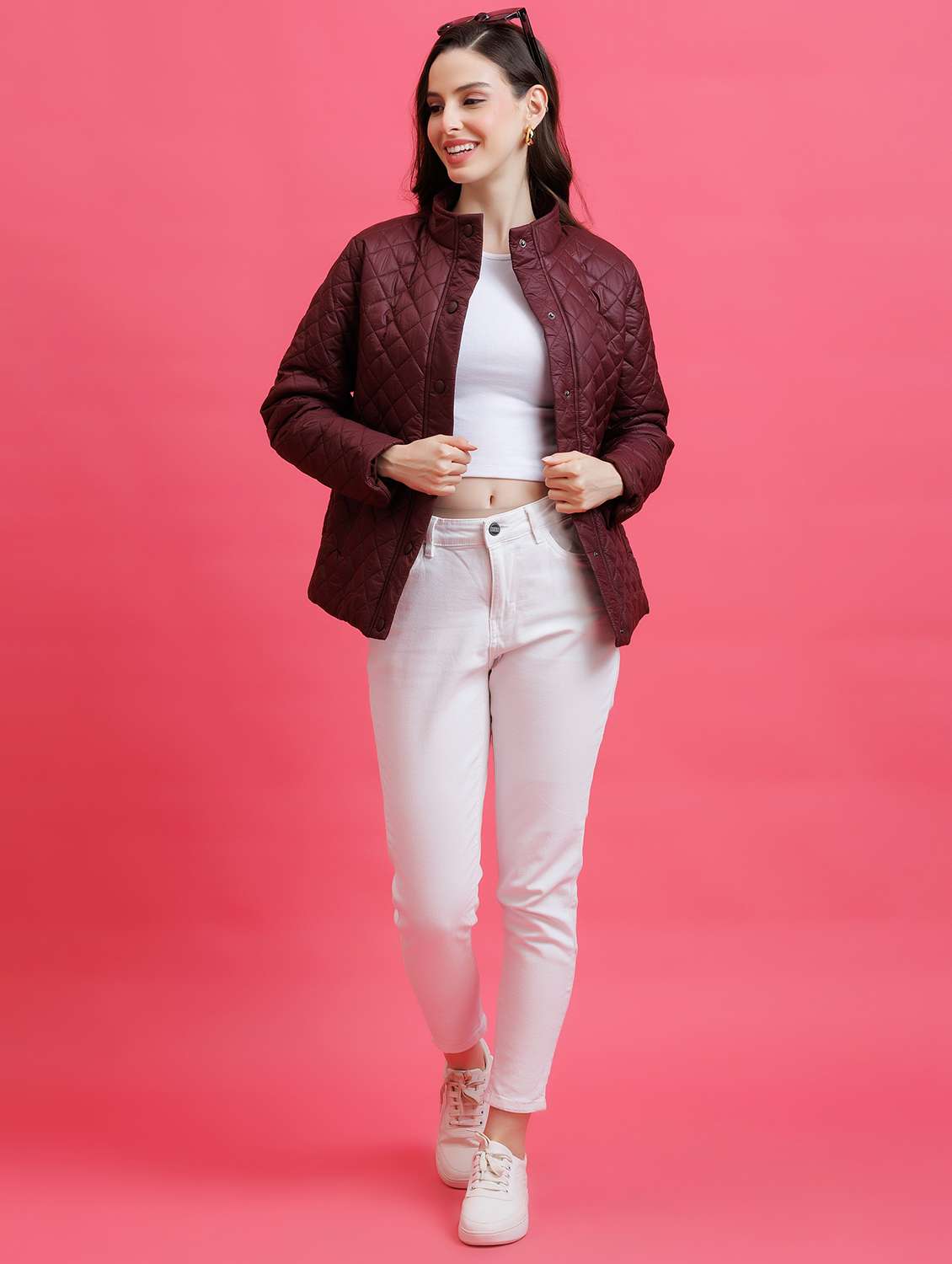 women solid stand collar long sleeve quilted jacket - 22290412 -  Standard Image - 4