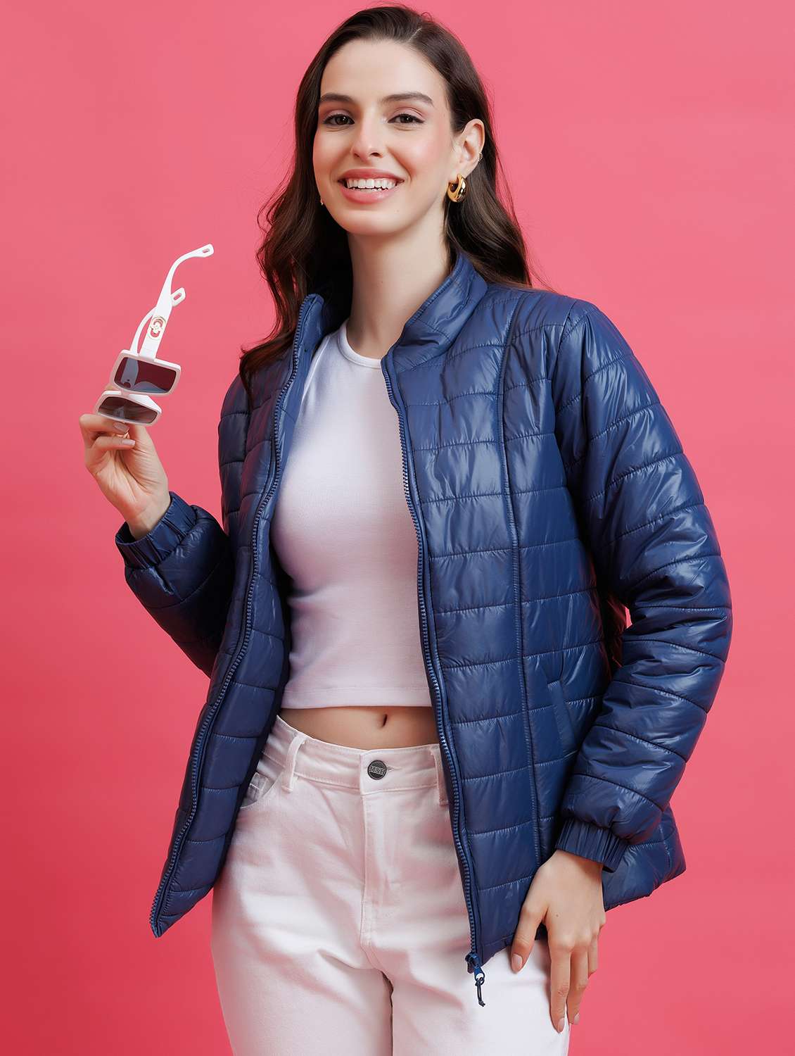 women solid long sleeve quilted jacket