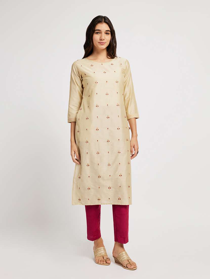 women solid with work three quarter sleeve straight kurta - 22290492 -  Standard Image - 1