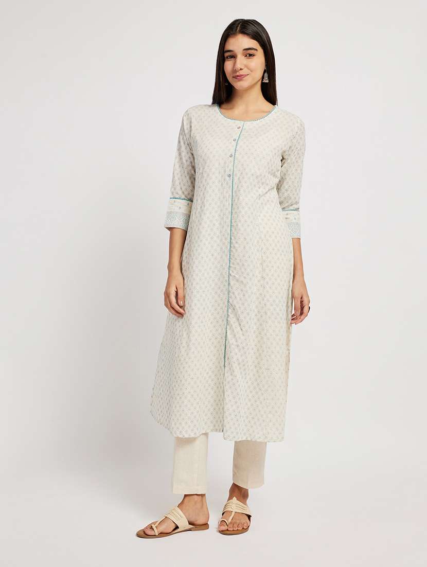 Women Printed Three Quarter Sleeve A-line Kurta - 22290507 -  Standard Image - 1