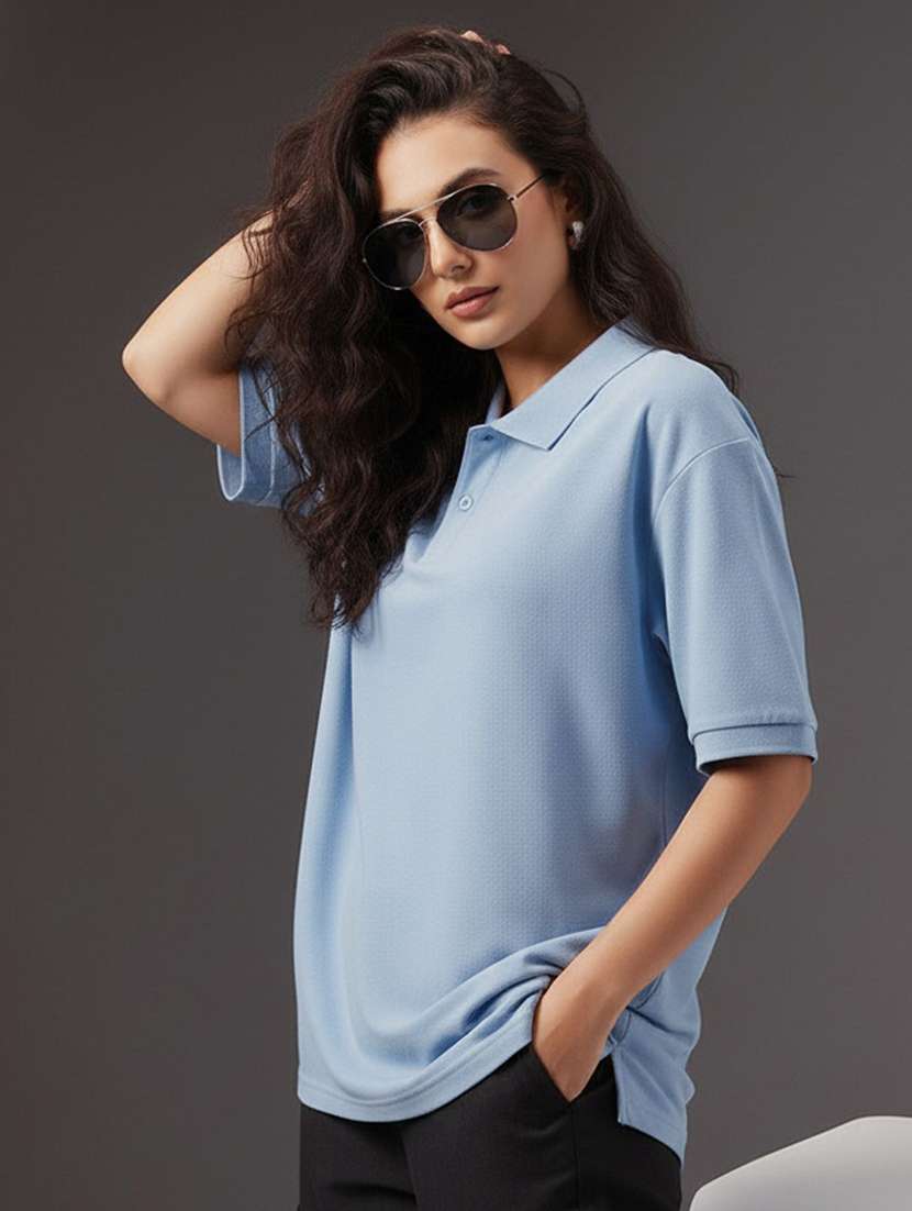 women solid short sleeve oversized polo t-shirt - 22290557 -  Standard Image - 1