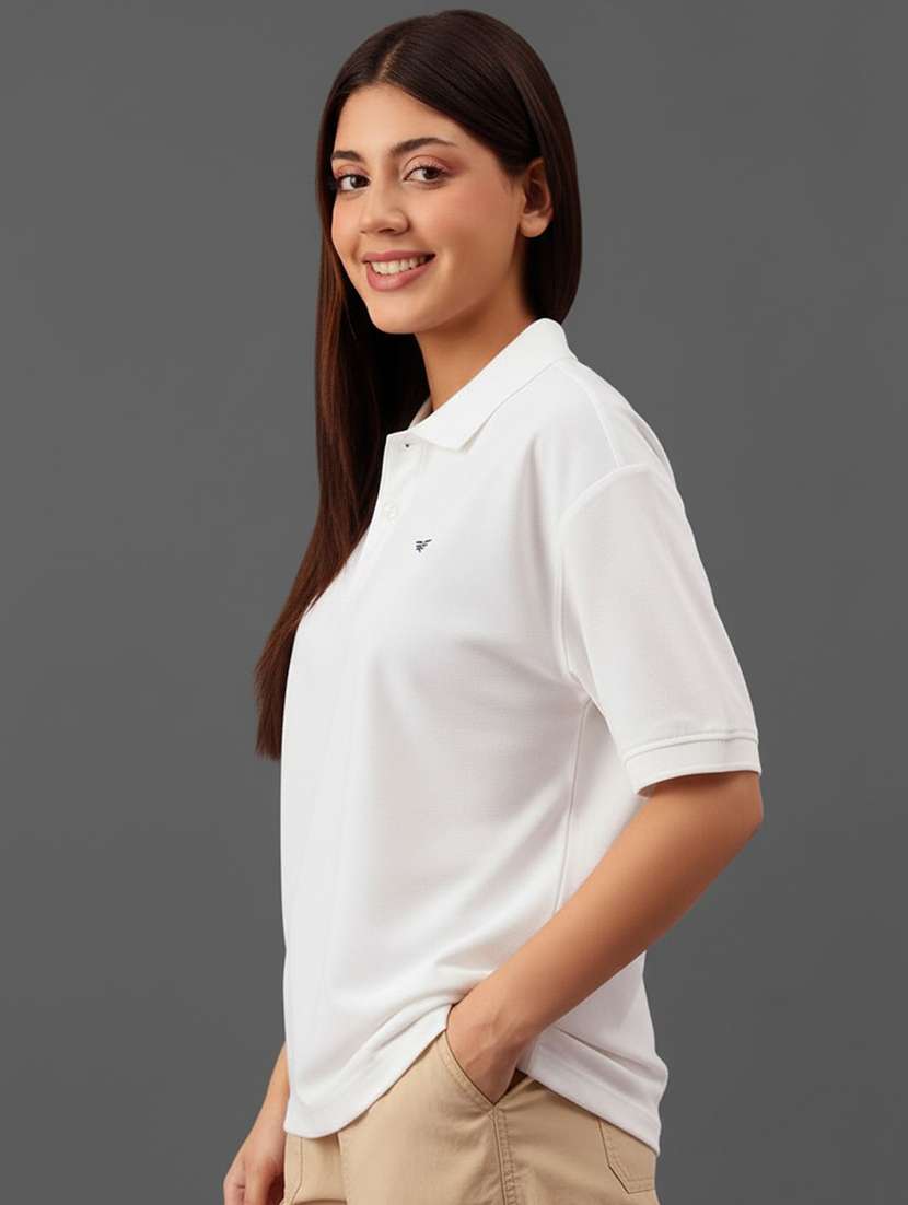 women solid short sleeve polo oversized t-shirt - 22290558 -  Standard Image - 1