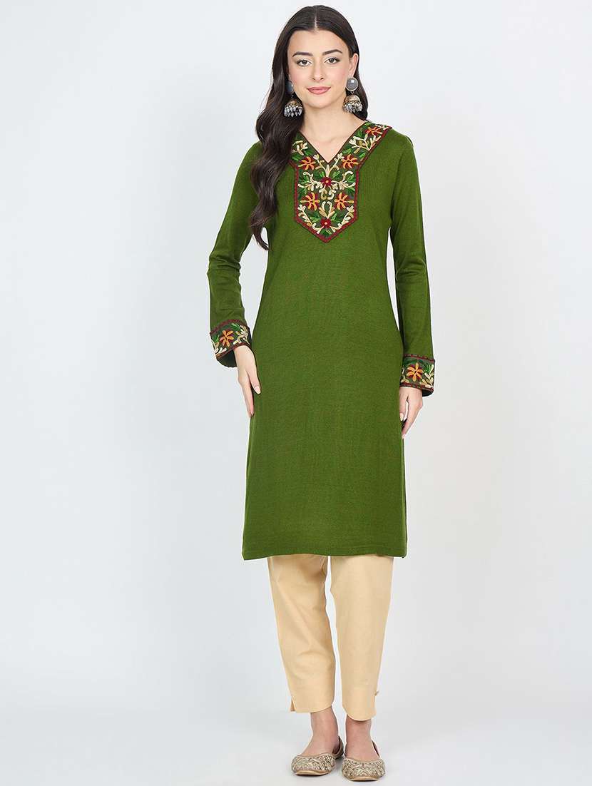 women solid with work long sleeve winter wear kurta  - 22291120 -  Standard Image - 1